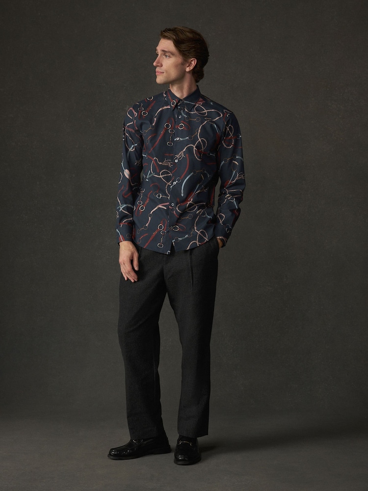 Navy Regular Fit Cotton Long Sleeve Print Shirt - Image 2 of 9