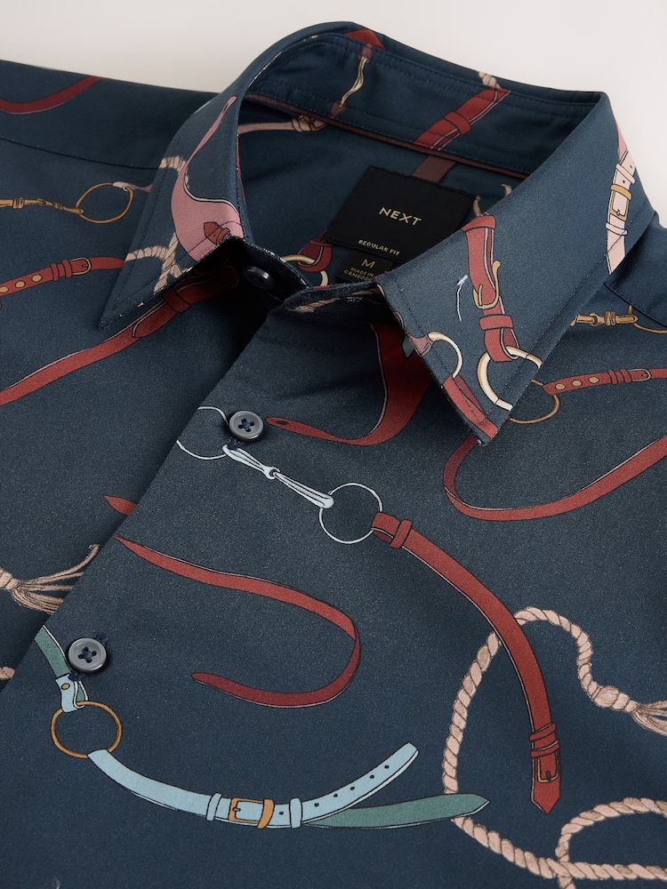 Navy Regular Fit Cotton Long Sleeve Print Shirt - Image 9 of 9
