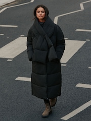 Charcoal Grey Shower Resistant Hooded Long Wadded Coat with Detachable Scarf - Image 1 of 4