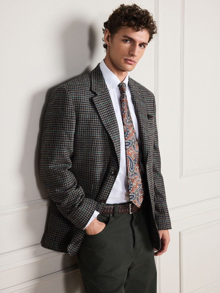 Grey Dogtooth Regular Fit Signature Moons Wool Blazer - Image 1 of 7