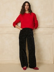 Black Heart Embroidery Corduroy Wide Leg Jeans - Image 1 of 6