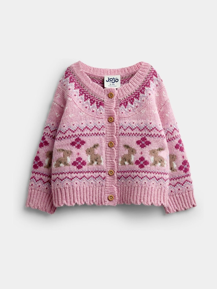Jojo Maman Bébé Berry Red Bunny Fairisle Knit Cardigan - Image 1 of 4 Jojo Maman Bébé Berry Red Bunny Fairisle Knit Cardigan - Image 1 of 4