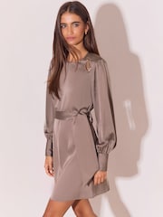 Lipsy Grey Satin Resin Trim Mini Blouson Shift Dress - Image 1 of 5