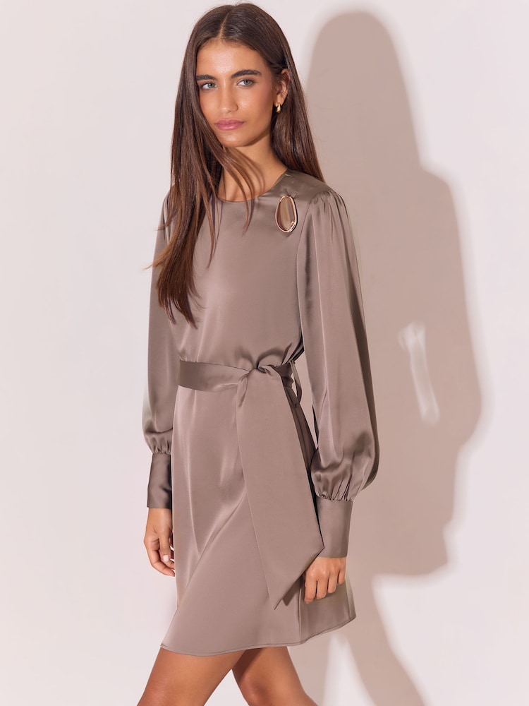Lipsy Grey Satin Resin Trim Mini Blouson Shift Dress - Image 1 of 5