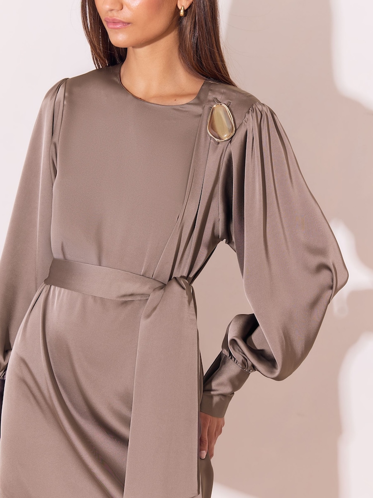 Lipsy Grey Satin Resin Trim Mini Blouson Shift Dress - Image 2 of 5