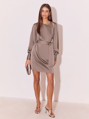 Lipsy Grey Satin Resin Trim Mini Blouson Shift Dress - Image 3 of 5