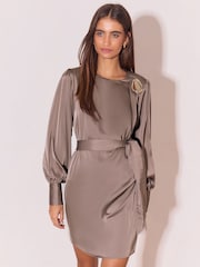 Lipsy Grey Satin Resin Trim Mini Blouson Shift Dress - Image 4 of 5