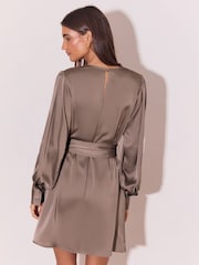Lipsy Grey Satin Resin Trim Mini Blouson Shift Dress - Image 5 of 5