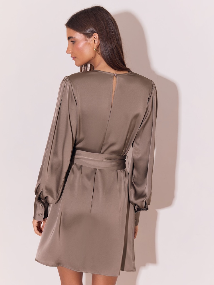 Lipsy Grey Satin Resin Trim Mini Blouson Shift Dress - Image 5 of 5