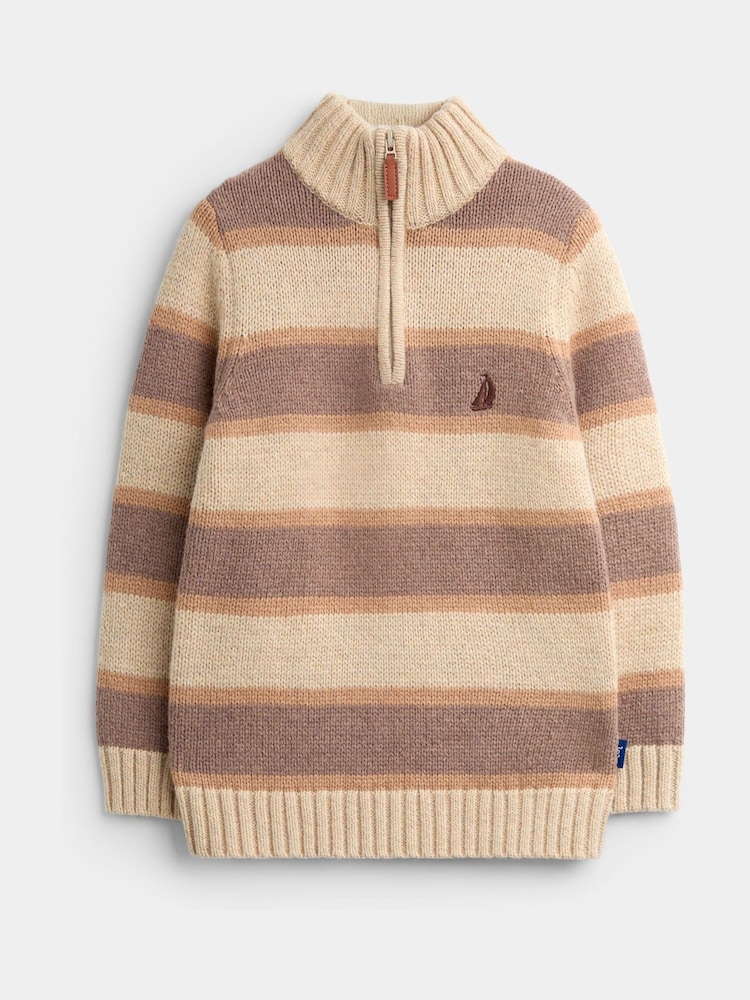 JoJo Maman Bébé Mid Brown Stripe Half Zip Knitted Jumper - Image 1 of 4 JoJo Maman Bébé Mid Brown Stripe Half Zip Knitted Jumper - Image 1 of 4