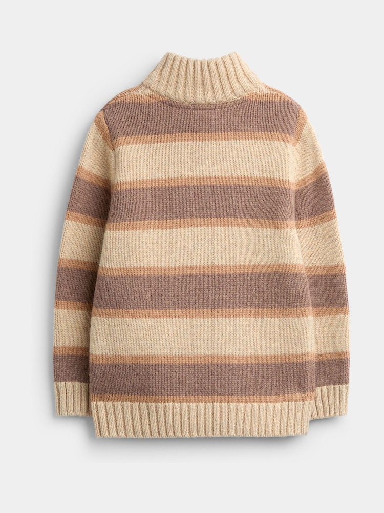 JoJo Maman Bébé Mid Brown Stripe Half Zip Knitted Jumper - Image 2 of 4 JoJo Maman Bébé Mid Brown Stripe Half Zip Knitted Jumper - Image 2 of 4