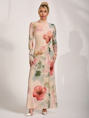 Jolie Moi Yellow High Neck Long Sleeve Mesh Maxi Dress - Image 1 of 6