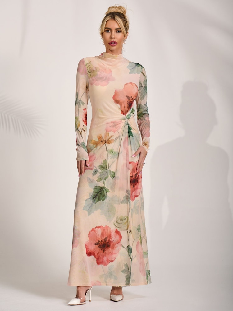 Jolie Moi Yellow High Neck Long Sleeve Mesh Maxi Dress - Image 1 of 6