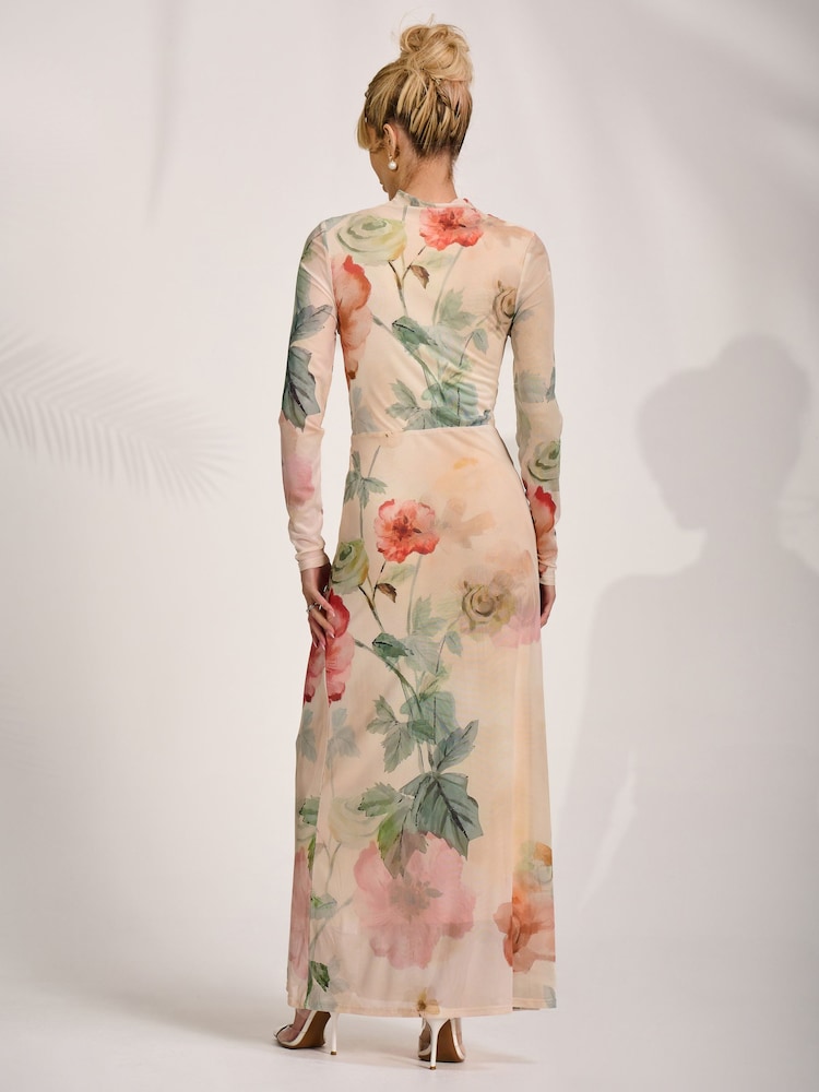 Jolie Moi Yellow High Neck Long Sleeve Mesh Maxi Dress - Image 2 of 6