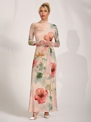 Jolie Moi Yellow High Neck Long Sleeve Mesh Maxi Dress - Image 4 of 6