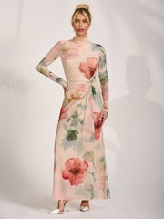 Jolie Moi Yellow High Neck Long Sleeve Mesh Maxi Dress - Image 6 of 6