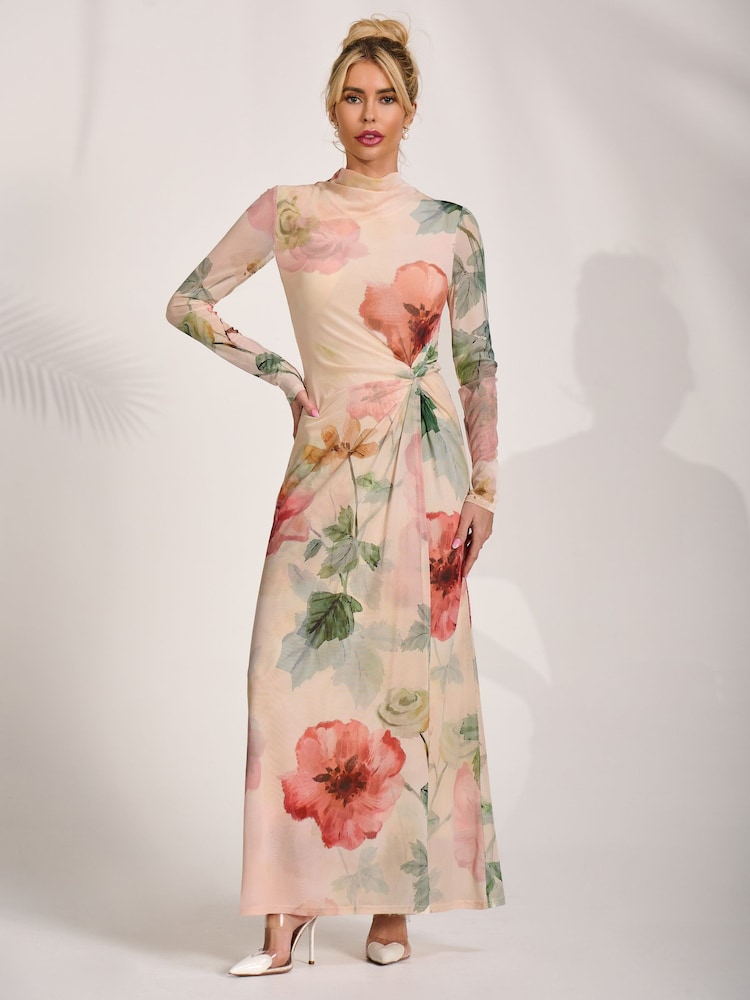 Jolie Moi Yellow High Neck Long Sleeve Mesh Maxi Dress - Image 6 of 6