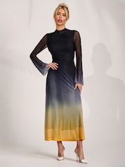 Jolie Moi Blue Long Sleeve High Neck Mesh Dress - Image 1 of 6