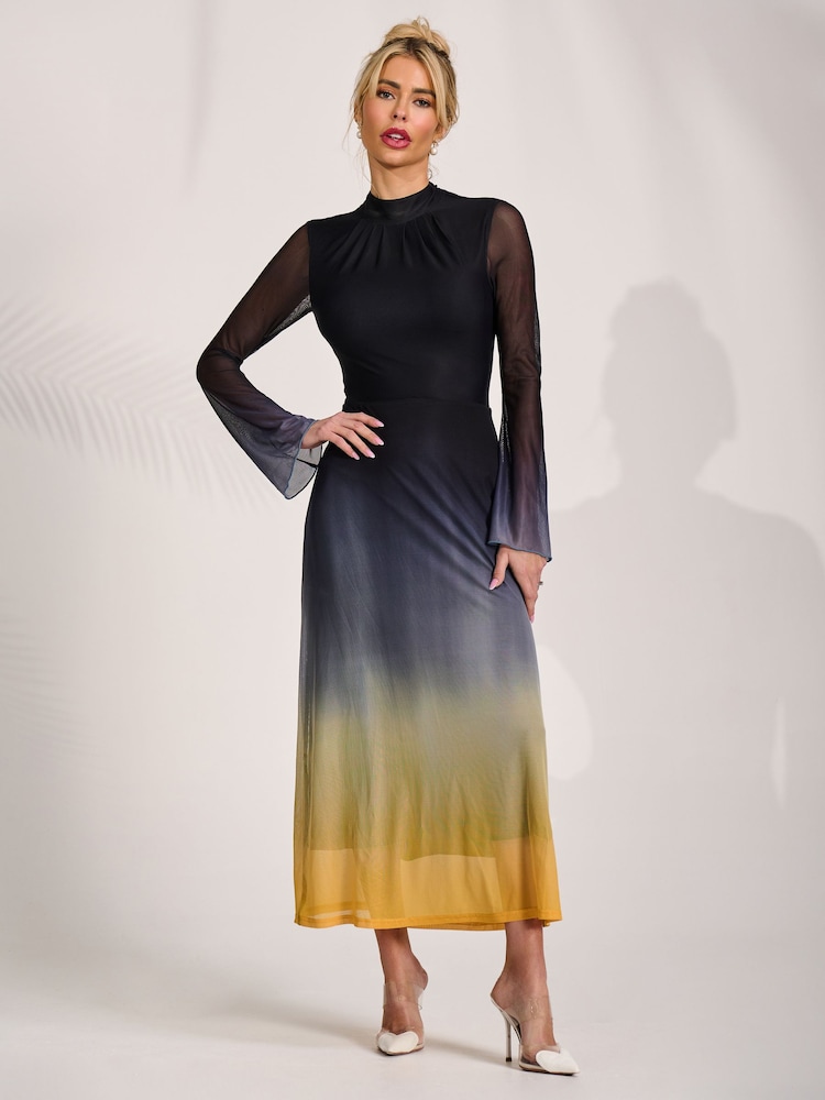 Jolie Moi Blue Long Sleeve High Neck Mesh Dress - Image 1 of 6 Jolie Moi Blue Long Sleeve High Neck Mesh Dress - Image 1 of 6