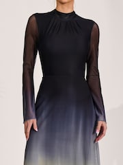 Jolie Moi Blue Long Sleeve High Neck Mesh Dress - Image 3 of 6