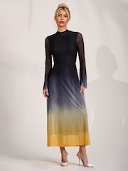 Jolie Moi Blue Long Sleeve High Neck Mesh Dress - Image 6 of 6