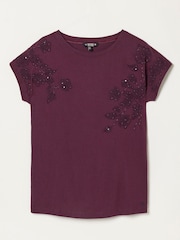 FatFace Ivy Dark Purple Embroidered Sparkle T Shirt - Image 1 of 3