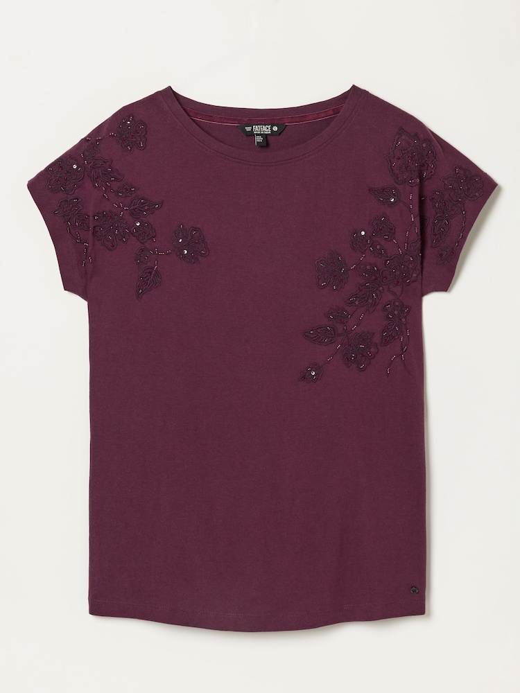 FatFace Ivy Dark Purple Embroidered Sparkle T Shirt - Image 1 of 3 FatFace Ivy Dark Purple Embroidered Sparkle T Shirt - Image 1 of 3
