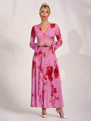 Jolie Moi Pink Long Sleeve Ruffle Mesh Maxi Dress - Image 1 of 6