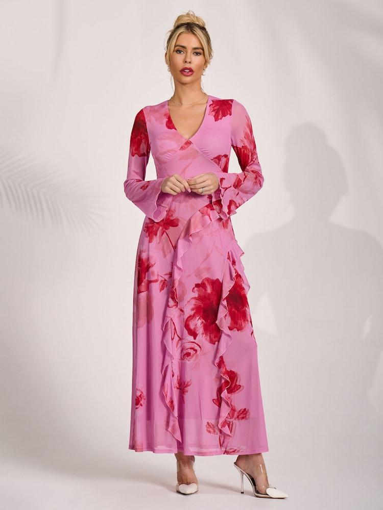 Jolie Moi Pink Long Sleeve Ruffle Mesh Maxi Dress - Image 1 of 6