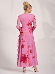 Jolie Moi Pink Long Sleeve Ruffle Mesh Maxi Dress - Image 2 of 6