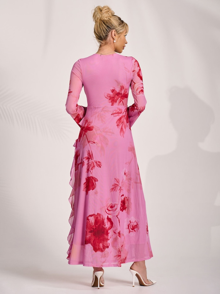 Jolie Moi Pink Long Sleeve Ruffle Mesh Maxi Dress - Image 2 of 6