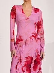 Jolie Moi Pink Long Sleeve Ruffle Mesh Maxi Dress - Image 3 of 6