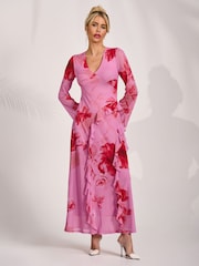 Jolie Moi Pink Long Sleeve Ruffle Mesh Maxi Dress - Image 4 of 6