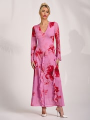 Jolie Moi Pink Long Sleeve Ruffle Mesh Maxi Dress - Image 6 of 6
