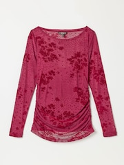Rouge bordeaux à fleurs - Haut à manches longues en maille froncée FatFace - Image 6 sur 7