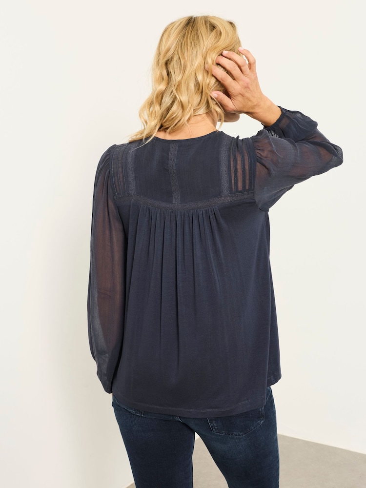 FatFace Winnie Navy Woven Jersey Mix Top - Image 2 of 6 FatFace Winnie Navy Woven Jersey Mix Top - Image 2 of 6