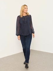 FatFace Winnie Navy Woven Jersey Mix Top - Image 4 of 6