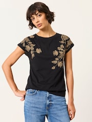 FatFace Ivy Black Embroidered Sparkle T Shirt - Image 1 of 5