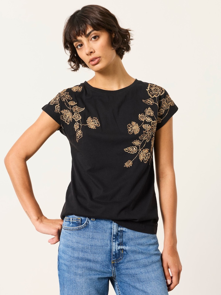 FatFace Ivy Black Embroidered Sparkle T Shirt - Image 1 of 5