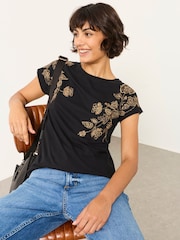 FatFace Ivy Black Embroidered Sparkle T Shirt - Image 3 of 5