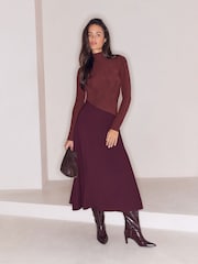 Lipsy Burgundy Red Cosy High Neck 2 In 1 Satin Dropped Asym Waist Midi Dress - Image 1 of 6
