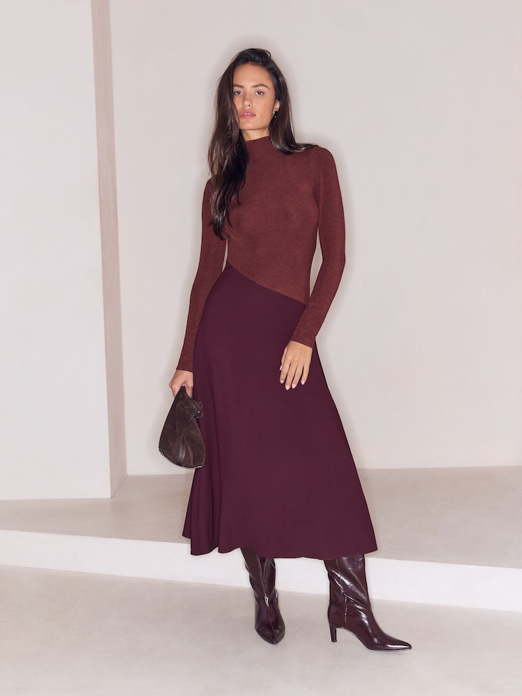 Lipsy Burgundy Red Cosy High Neck 2 In 1 Satin Dropped Asym Waist Midi Dress - Image 1 of 6 Lipsy Burgundy Red Cosy High Neck 2 In 1 Satin Dropped Asym Waist Midi Dress - Image 1 of 6