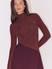 Lipsy Burgundy Red Cosy High Neck 2 In 1 Satin Dropped Asym Waist Midi Dress - Image 4 of 6