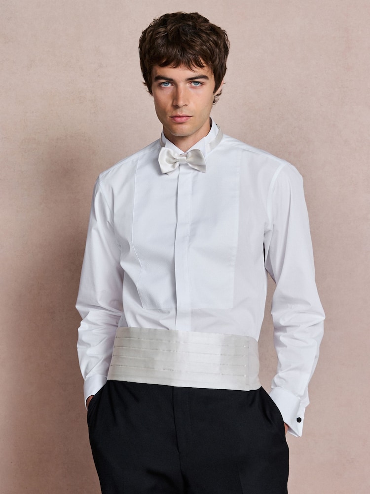 White/Ivory Cotton Rich Textured Occasion Shirt With Bow Tie and Cummerbund Set - Image 1 of 7 White/Ivory Cotton Rich Textured Occasion Shirt With Bow Tie and Cummerbund Set - Image 1 of 7