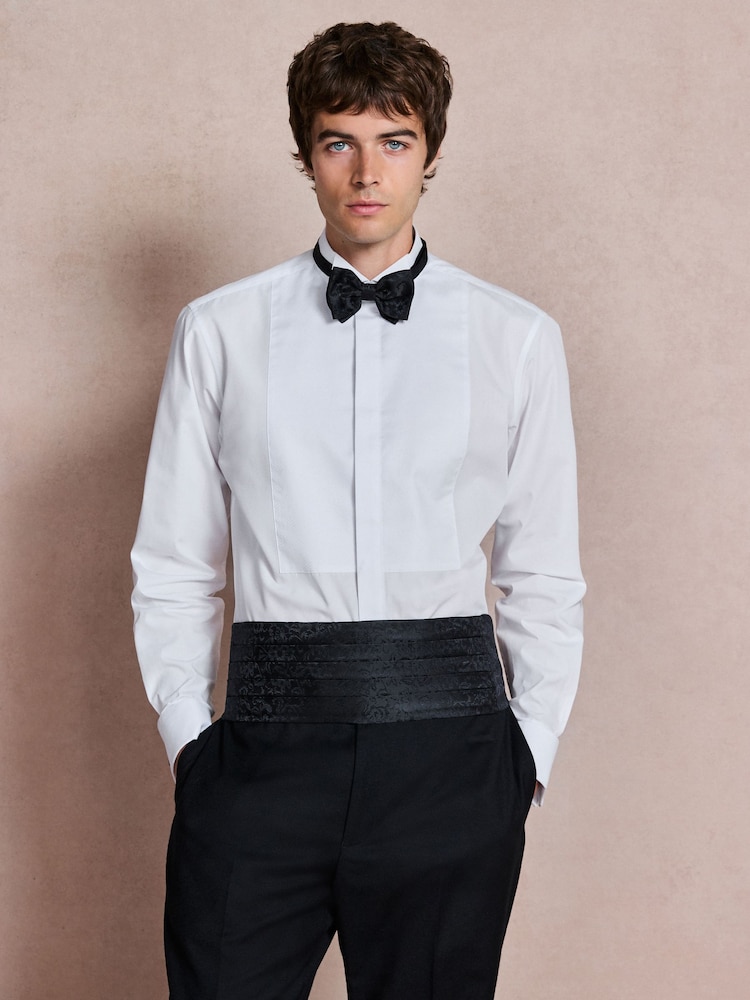 White/Black Cotton Rich Textured Occasion Shirt With Bow Tie and Cummerbund Set - Image 1 of 15 White/Black Cotton Rich Textured Occasion Shirt With Bow Tie and Cummerbund Set - Image 1 of 15