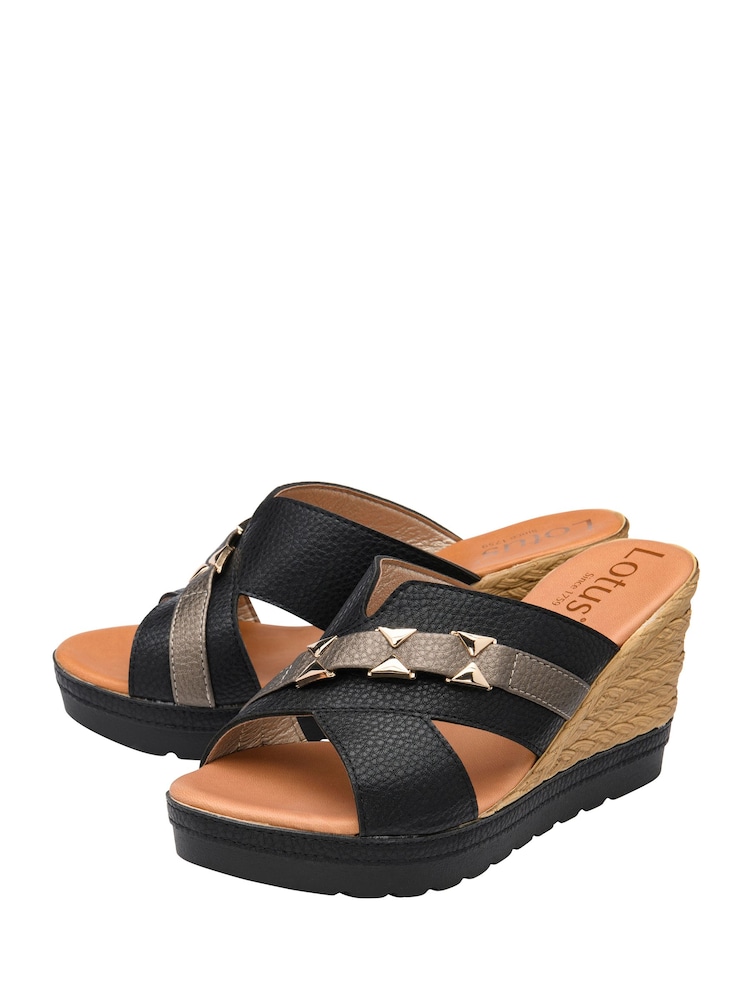 Lotus Black Wedge Mule Sandals - Image 2 of 4 Lotus Black Wedge Mule Sandals - Image 2 of 4