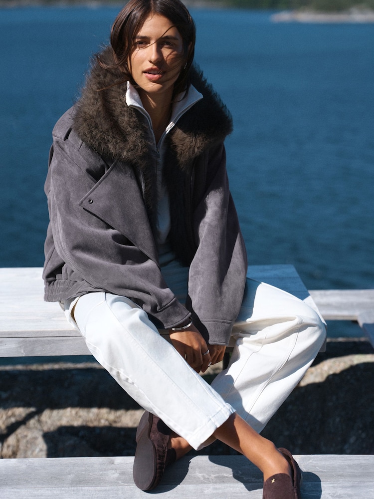 Charcoal Grey Faux Suede Faux Fur Detatchable Collar Bomber Jacket - Image 1 of 7 Charcoal Grey Faux Suede Faux Fur Detatchable Collar Bomber Jacket - Image 1 of 7
