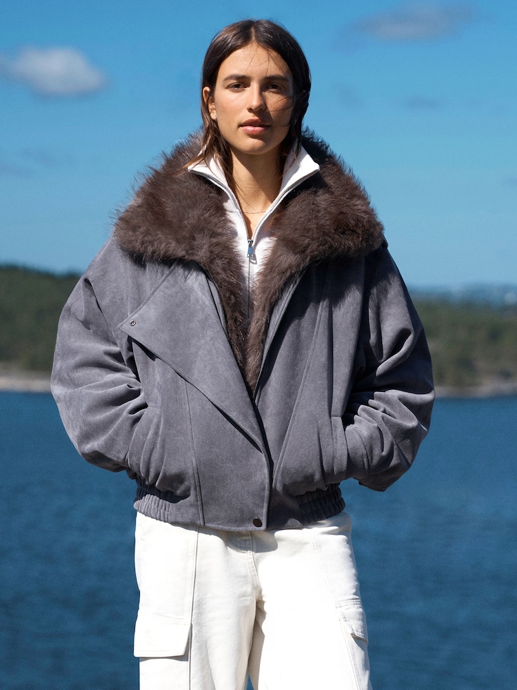 Charcoal Grey Faux Suede Faux Fur Detatchable Collar Bomber Jacket - Image 2 of 7 Charcoal Grey Faux Suede Faux Fur Detatchable Collar Bomber Jacket - Image 2 of 7