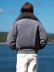 Charcoal Grey Faux Suede Faux Fur Detatchable Collar Bomber Jacket - Image 3 of 7