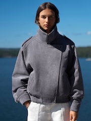 Charcoal Grey Faux Suede Faux Fur Detatchable Collar Bomber Jacket - Image 4 of 7